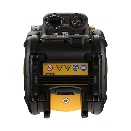 Front view of a DEWALT DCC1054T2 portable air compressor featuring gauges, control knobs, and warning labels. The device has a compact, sturdy design with black and yellow casing.