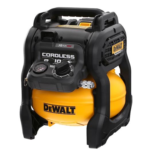 A DEWALT cordless air compressor with a yellow tank and black handles, featuring control dials and gauges on the front.