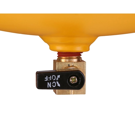 Close-up of a yellow device with a metal valve featuring ON/OFF markings on the black lever.