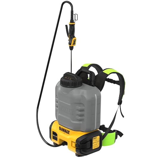 DEWALT backpack sprayer, photography category, SKUs DCCS1100N-XJ, DCCS1100N, shown with spray wand.