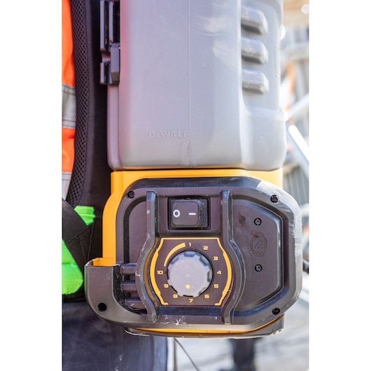 DEWALT device control panel for DCCS1100N-XJ, DCCS1100N. Photography product close-up outdoors.