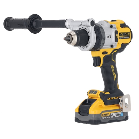DEWALT cordless power drill with auxiliary handle and 18V Power Stack battery, side view on white background.