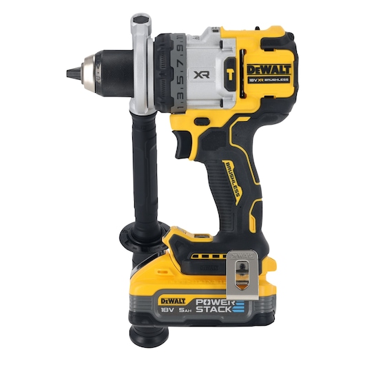 DEWALT cordless drill DCD1007H2T with side handle and 18V POWERSTACK battery, yellow and black design.
