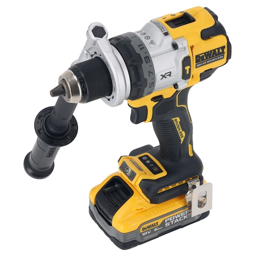 DEWALT cordless drill with side handle, yellow and black, 18V Powerstack battery shown.
