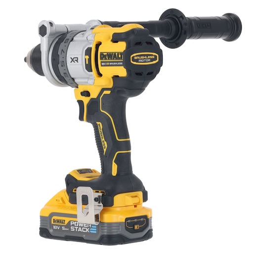 DEWALT cordless brushless drill with PowerStack 18V battery and side handle, shown angled on white background.