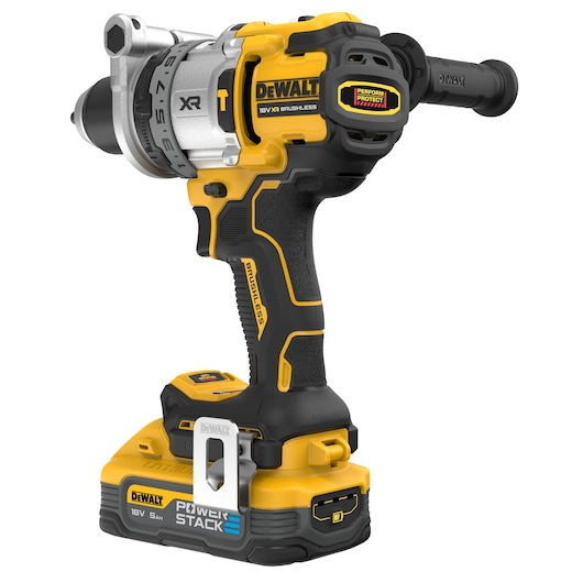 DEWALT 18V XR brushless cordless power drill with PowerStack battery and ergonomic handle.
