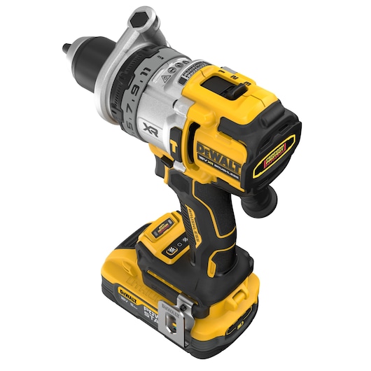 DEWALT cordless power drill with yellow and black design, battery attached, side handle visible.