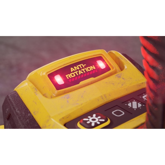 Close-up of DEWALT tool control panel with illuminated anti-rotation indicator and buttons.