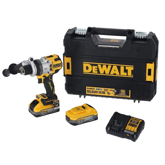 DEWALT cordless drill set with battery, charger, and branded carrying case on a white background.