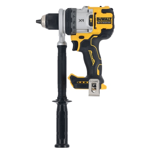A DEWALT DCD1007NT cordless drill with side handle, featuring a brushless motor and black and yellow design.