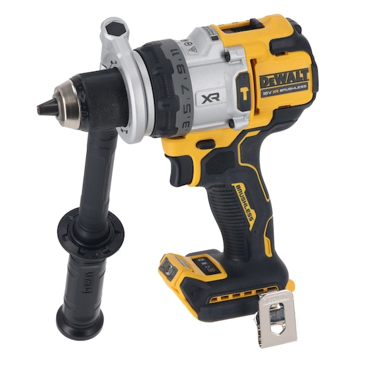 A DEWALT 18V XR brushless cordless drill driver with a side handle, shown in yellow and black colors.