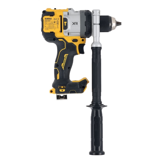 A DEWALT cordless power drill with an extended side handle, featuring black and yellow coloring, shown against a plain white background.