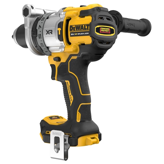 A DEWALT 18V XR Brushless cordless power drill with a black and yellow design, featuring a side handle and metal belt clip.