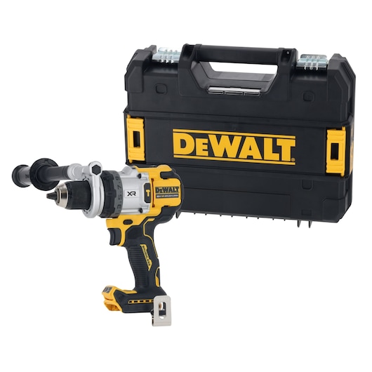 A DEWALT cordless power drill with a side handle is positioned in front of a black DEWALT carrying case with yellow accents.