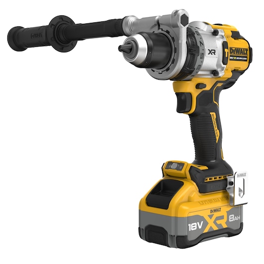 DEWALT cordless drill with side handle and 18V XR 8Ah battery, black and yellow construction tool.
