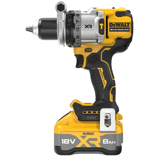 DEWALT 18V XR cordless drill with 8Ah battery, yellow and black, side view of power tool.
