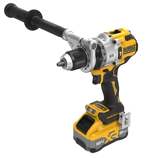 Cordless DEWALT 18V power drill with side handle, yellow and black design, XR model, 8Ah battery.