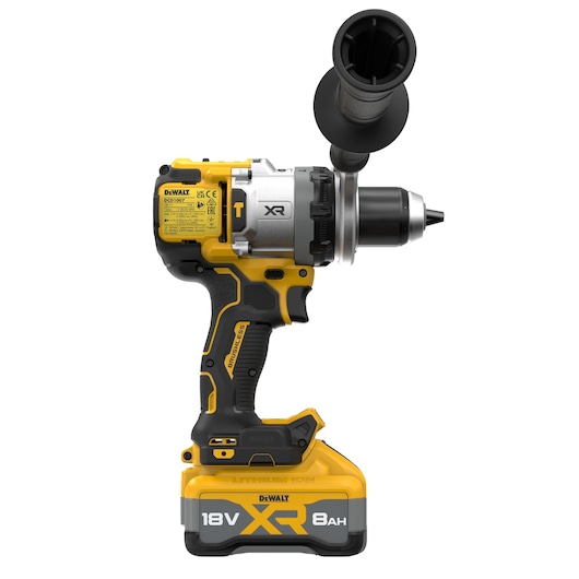 DEWALT cordless drill DCD1007WW1T, 18V XR, 8Ah lithium-ion battery, side handle, yellow and black body.