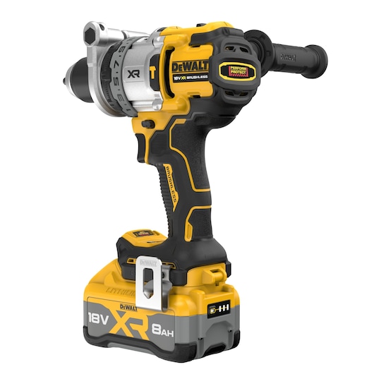 Cordless DEWALT 18V XR brushless drill with handle and 8Ah lithium battery, yellow and black finish.