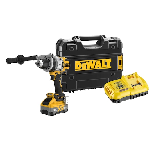 DEWALT cordless drill with handle, charger, and black carrying case, shown on white background.