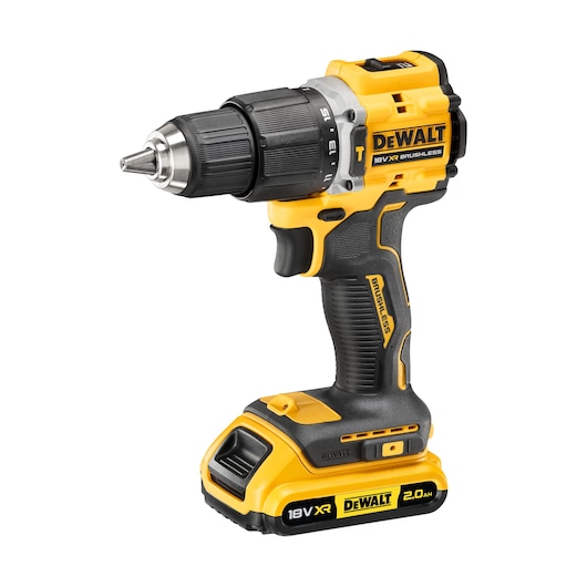 Yellow and black DEWALT cordless drill with brushless motor and 18V XR battery, shown at an angle.
