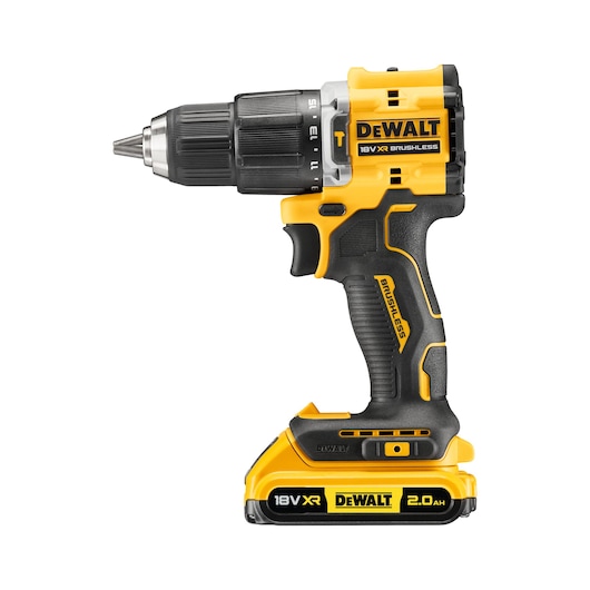 Yellow and black DEWALT 18V cordless drill with battery, ergonomic grip and brushless motor.