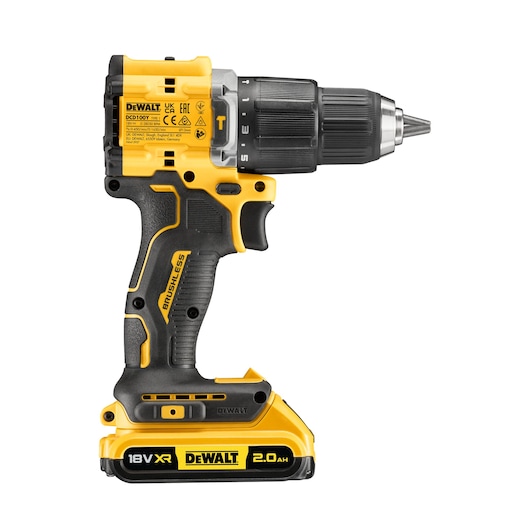 Cordless DEWALT drill with 18V XR battery, yellow and black, model DCD100YD2T, brushless design.