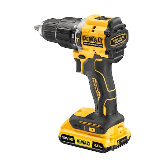 DEWALT yellow and black cordless drill with brushless motor and 18V XR battery.