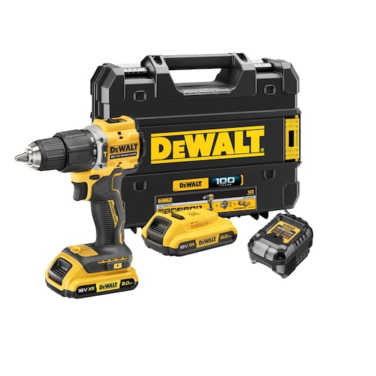 DEWALT drill set with carrying case, two batteries, and charger, all in yellow and black design.
