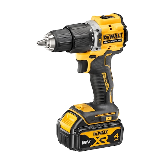 DEWALT 18V XR cordless drill with brushless motor and 4Ah battery, shown in yellow and black.