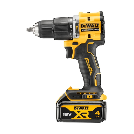 DEWALT 18V cordless brushless drill with yellow and black design and XR 4AH lithium battery.