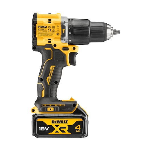 DEWALT DCD100YM2T cordless drill with 18V XR 4Ah battery, yellow and black, brushless motor.
