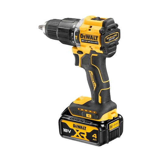 DEWALT 18V XR cordless drill with brushless motor and 4Ah battery, shown on white background.