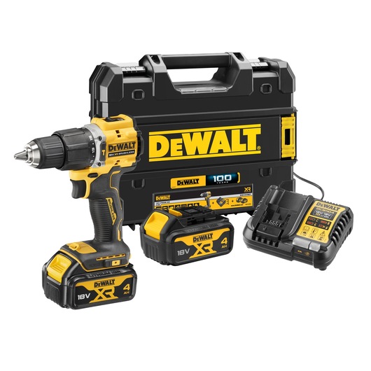 DEWALT cordless drill kit with two 18V batteries, charger, and carrying case, all in yellow and black.