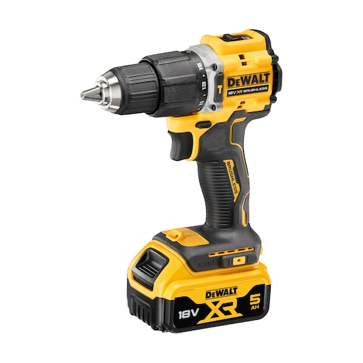 DEWALT 18V XR brushless cordless drill with yellow and black design and 5Ah battery.