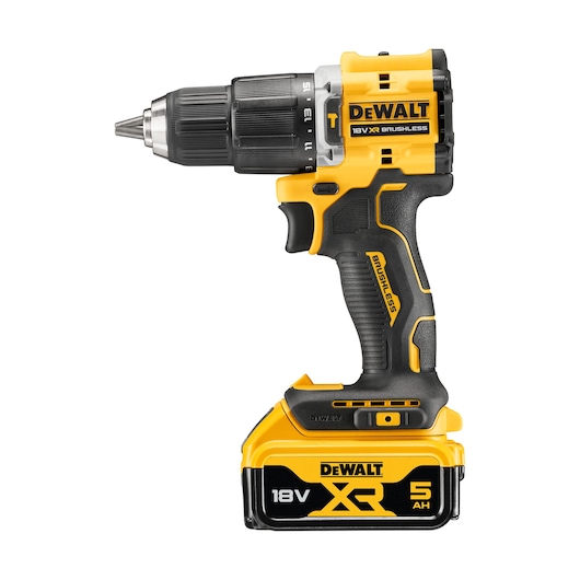 DEWALT 18V XR cordless drill with 5Ah battery, yellow and black, brushless model DCD100YP2T.