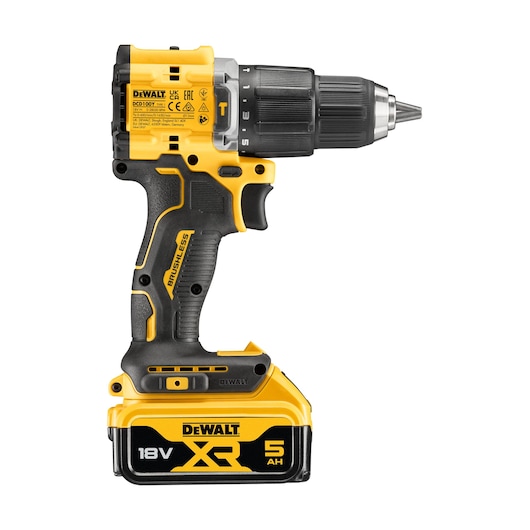 DEWALT DCD100YP2T cordless drill, yellow and black with 18V XR 5Ah battery, side view.