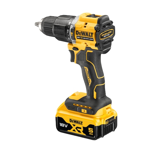 DEWALT 18V XR cordless drill with brushless motor and 5Ah battery, shown in yellow and black.