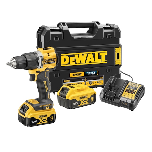 DEWALT cordless drill set with two 18V batteries, charger, and carrying case. Yellow and black design.