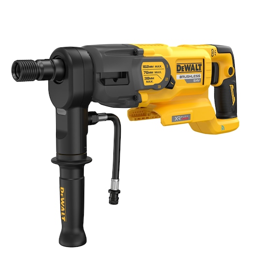 DEWALT DCD150NK cordless brushless drill with side handle and water hose attachment, shown in yellow and black.