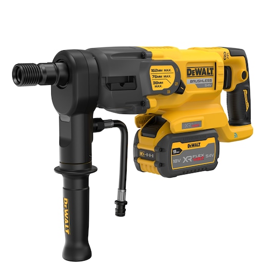 DEWALT cordless brushless hammer drill with yellow and black design, featuring an auxiliary handle and XR Flexvolt 54V lithium-ion battery.