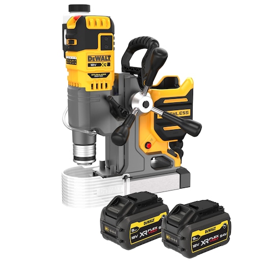 DEWALT cordless magnetic drill with two 18V XR FLEXVOLT batteries, shown in yellow and black color.