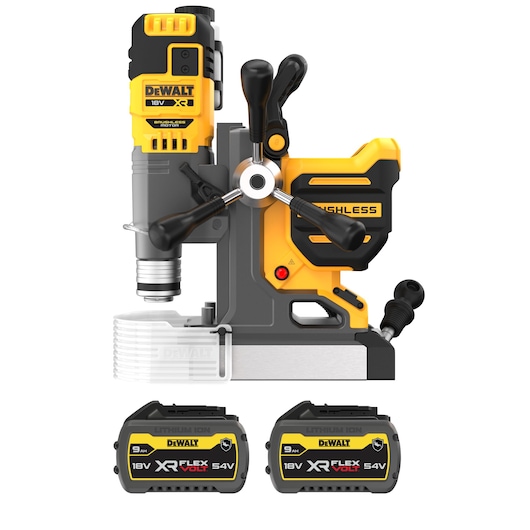 DEWALT cordless magnetic drill with two 18V XR FLEXVOLT batteries, shown in yellow and black.