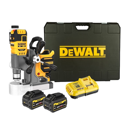 DEWALT magnetic drill set with case, charger, and two batteries, shown on white background.