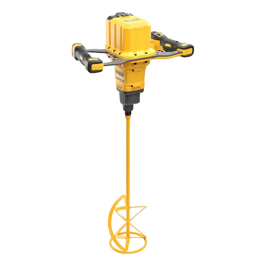 Yellow DEWALT dual handle paddle mixer with long mixing rod, shown on a white background.