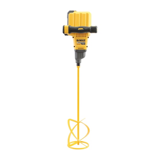 Yellow DEWALT cordless mixer with a spiral mixing paddle, shown upright against a white background.