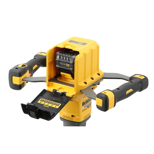 DEWALT yellow cordless mixer with dual handles and an open battery compartment, model DCD240X2.
