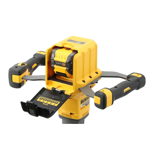 Yellow DEWALT power tool with dual handles and open battery compartment, shown on a white background.