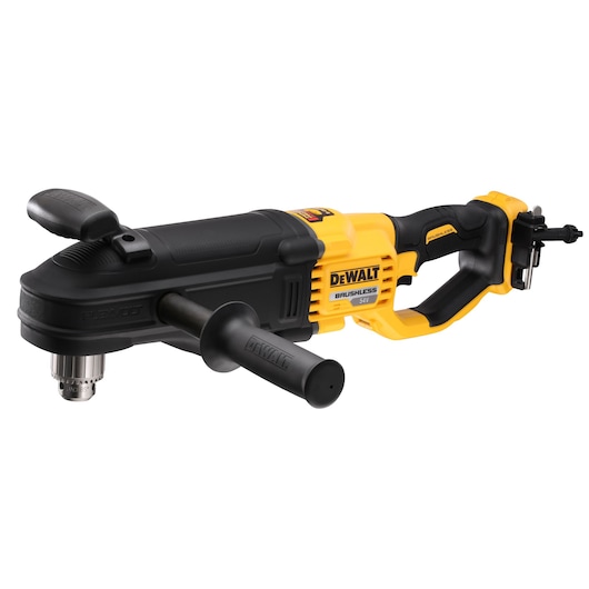 A DEWALT 54V brushless FLEXVOLT right angle drill with a black and yellow design, featuring an auxiliary handle for better grip.