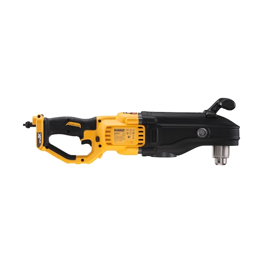 A DEWALT DCD470N cordless right angle drill with a yellow and black body, featuring an ergonomic handle and a metal chuck.